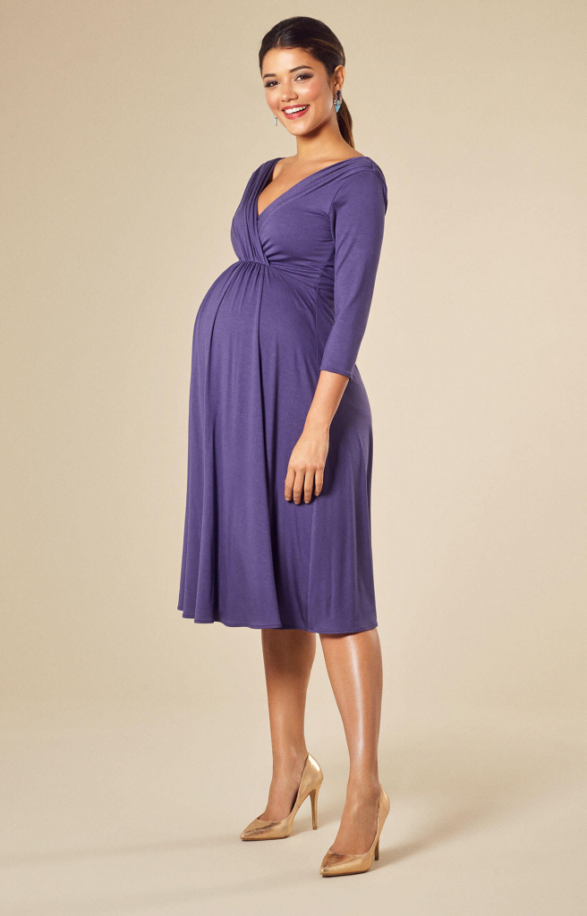 Tiffany Rose hroznové midi tehotenské šaty s výstrihom s 3/4 rukávom 301TRc