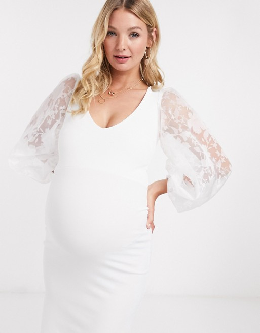 Biele tehotenské midi úzke šaty s čipkovanou organzou s dlhým rukávom 474QB