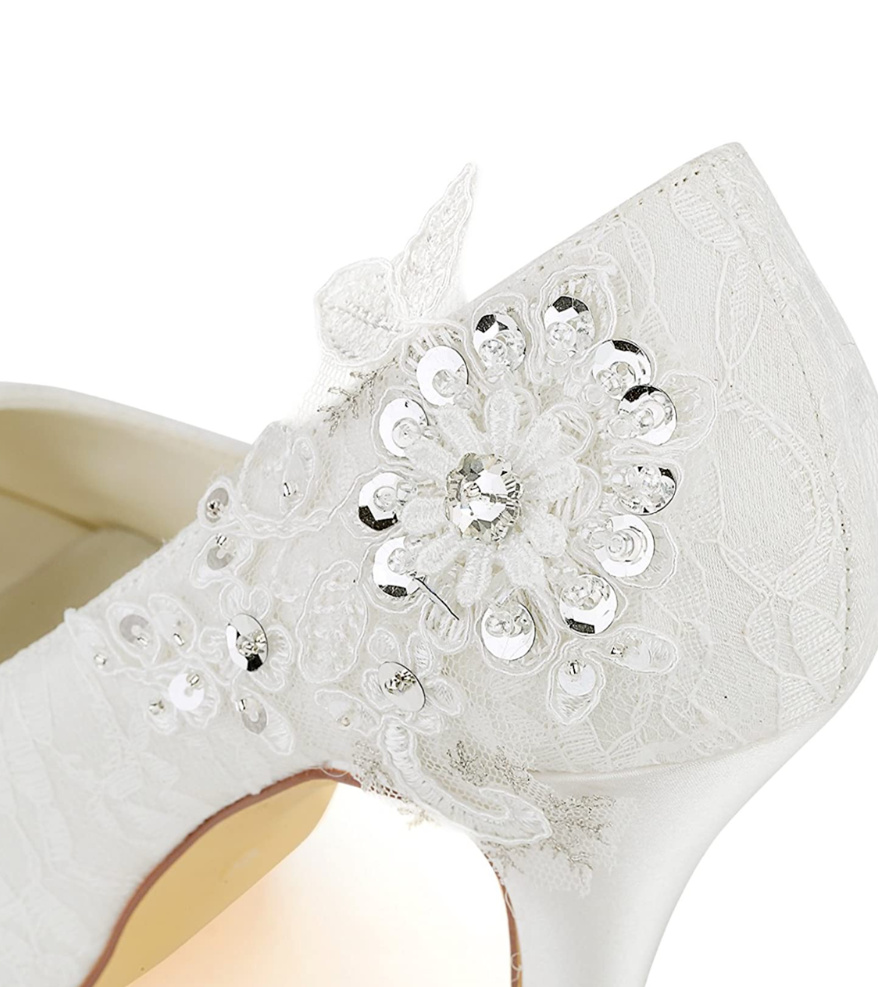 Smotanové svadobné čipkované topánky s otvorenou špičkou na vysokom opätku 082E