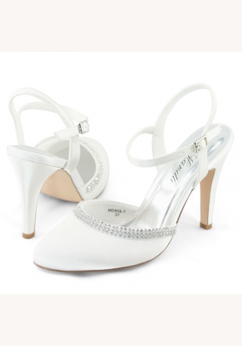 Biele svadobné saténové topánky s otvorenou pätou na vysokom opätku 049