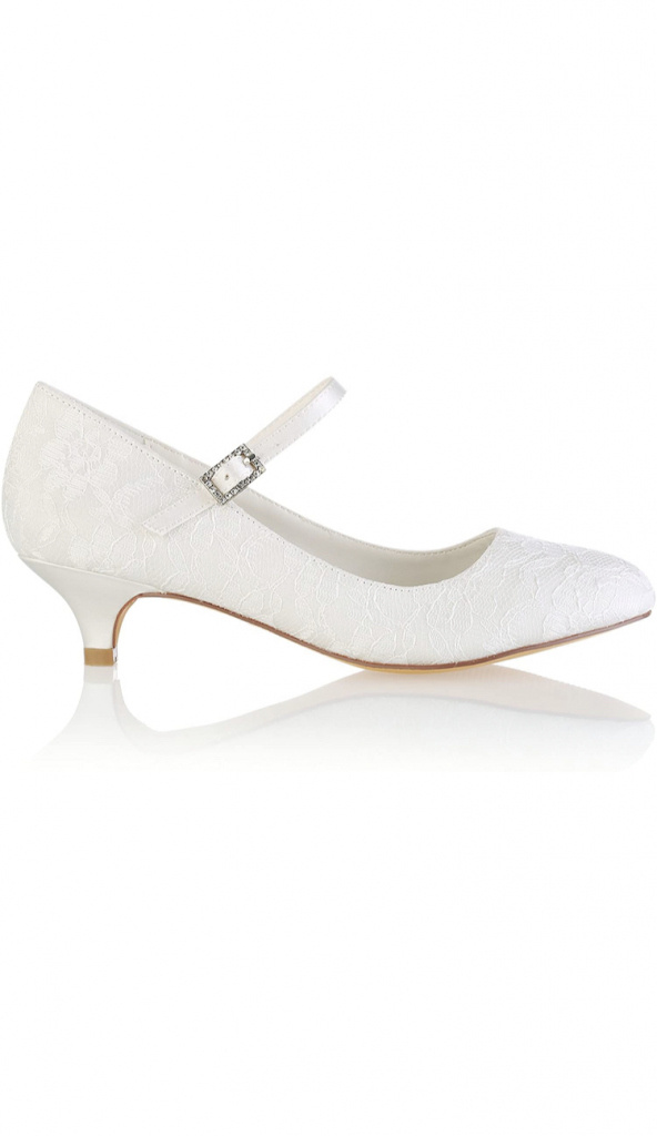 Bielo-smotanové svadobné čipkované topánky na nízkom opätku 086AZ