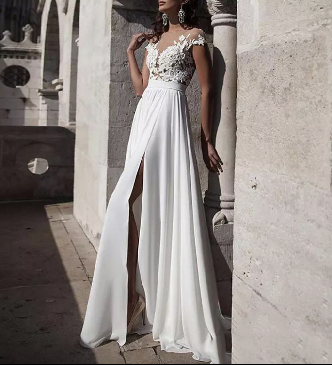 Biele/smotanové dlhé svadobné šaty s čipkou s krátkym rukávom 199LB
