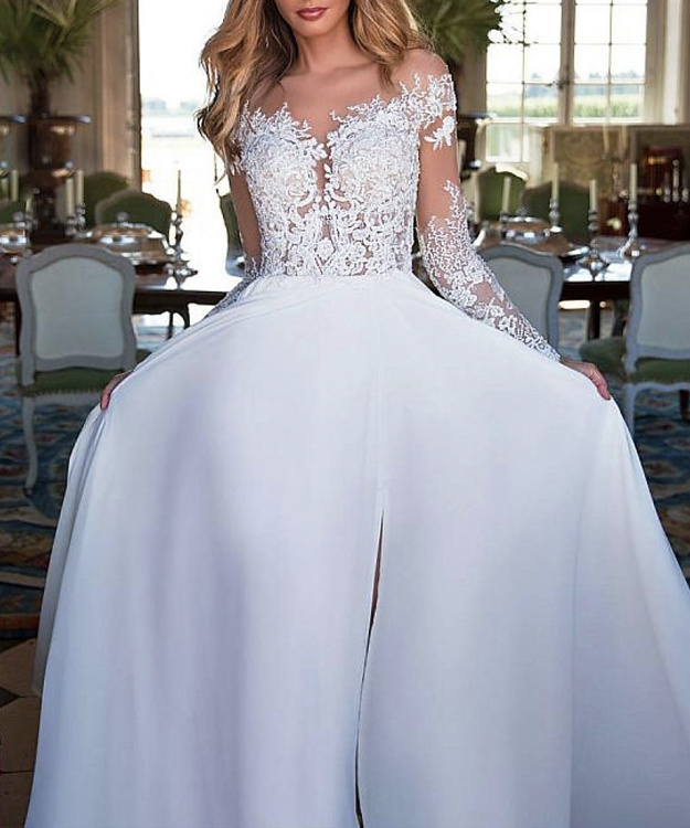 Biele/smotanové dlhé svadobné šaty s čipkou s dlhým rukávom 198LB