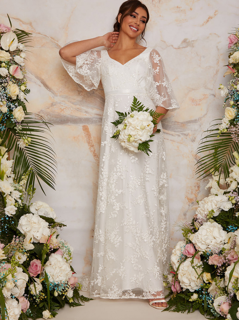 Bielo-smotanové dlhé svadobné šaty s vlnitými rukávmi 431C