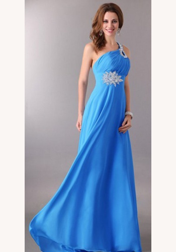 Modré dlhé šaty s flitrami na jedno rameno 063E