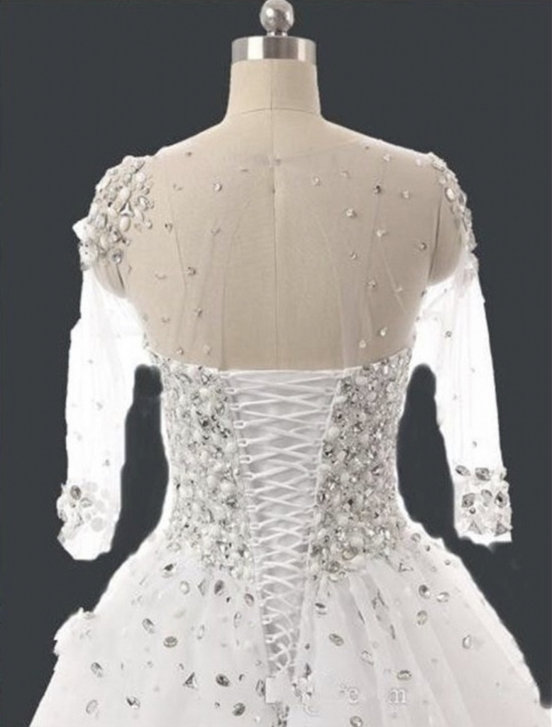Biele/smotanové dlhé svadobné šaty s kamienkami s 3/4 rukávom 206LB