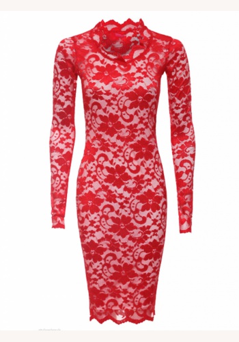 Červeno-biele midi čipkované šaty s dlhým rukávom 173