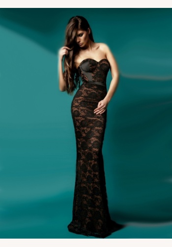 Čierne dlhé korzetové čipkované šaty morská panna 379