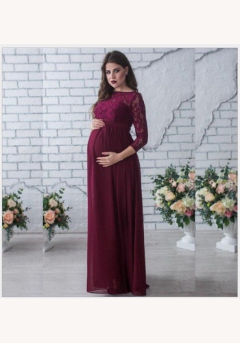 Bordové dlhé čipkované tehotenské šaty s 3/4 rukávom 414E