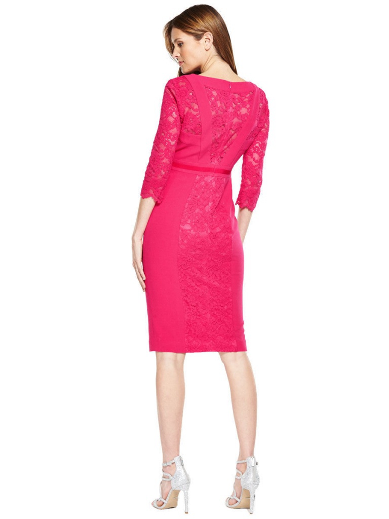 Ružové midi čipkované šaty s 3/4 rukávom 181Va