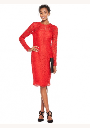 Červené midi čipkované šaty s dlhým rukávom 182V