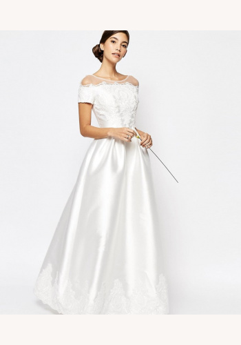 Smotanové dlhé svadobné šaty s výšivkou a čiapočkovým rukávom 162C