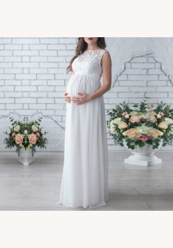 Biele dlhé svadobné tehotenské šaty s čipkou bez rukávov 164E