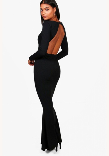 Čierne dlhé úzke šaty s otvoreným chrbátom s dlhým rukávom 423BHb