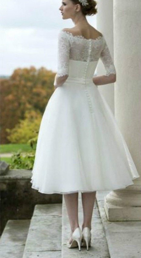 Biele midi svadobné šaty s čipkou s 1/2 rukávom 170