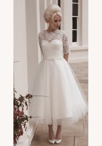Biele midi svadobné šaty s čipkou s 1/2 rukávom 179