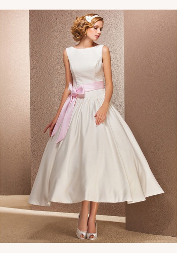 Biele midi svadobné šaty bez výstrihu bez rukávov 182