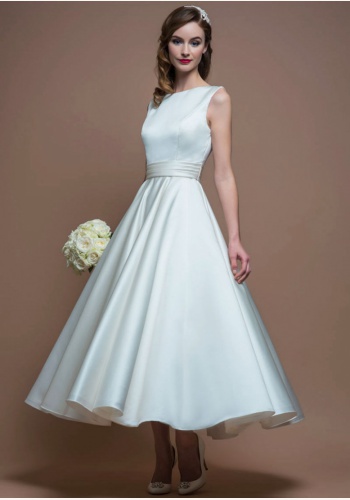 Biele midi svadobné šaty bez výstrihu bez rukávov 183