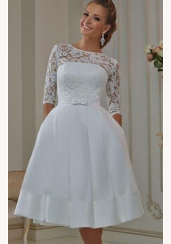 Biele midi svadobné šaty s vreckami s čipkou s 3/4 rukávom 184