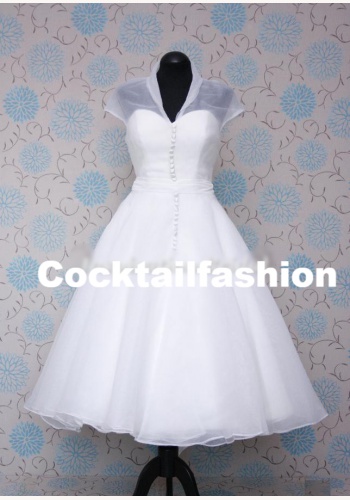 Biele midi svadobné šaty s krátkym rukávom 188