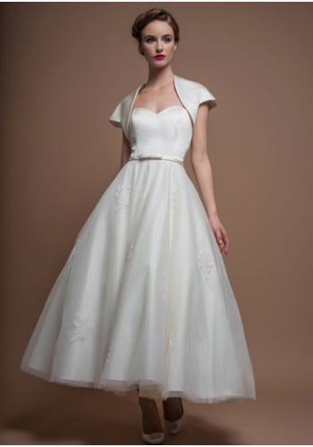 Biele midi svadobné korzetové šaty s bolerom s krátkym rukávom 194