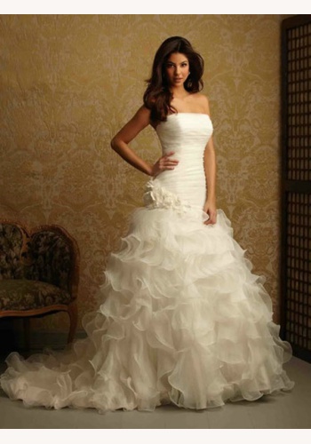 Biele dlhé korzetové svadobné šaty s volánovou sukňou 009
