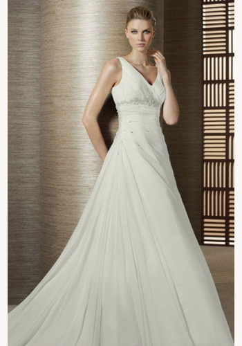 Biele dlhé svadobné šaty s výstrihom na hrubé ramienka 010