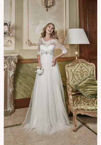 Biele dlhé svadobné šaty s čipkou s 3/4 rukávom 201