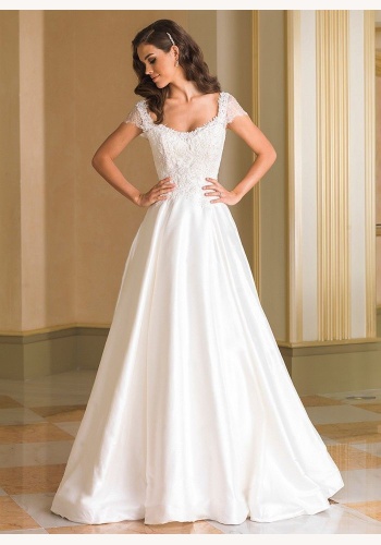 Biele dlhé svadobné šaty s čipkovaným topom s krátkym rukávom 202