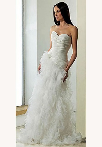 Biele dlhé korzetové svadobné šaty s volánovou sukňou 019