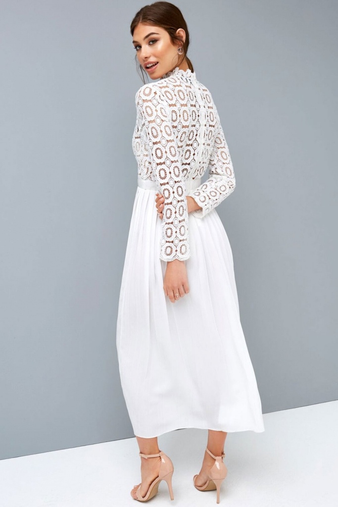 Biele midi šaty so skladanou sukňou s dlhým rukávom 197L