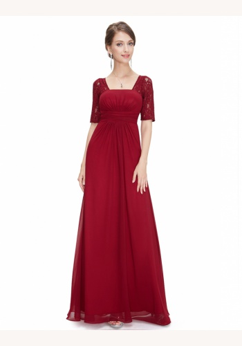 Tmavočervené dlhé šaty s krátkym čipkovaným rukávom 441EP