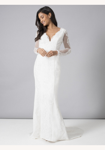 Biele dlhé svadobné čípkované šaty s dlhým rukávom morská panna 216C