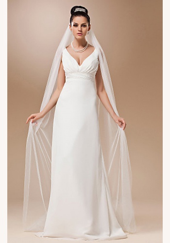 Biele dlhé svadobné šaty s výstrihom na hrubé ramienka 074
