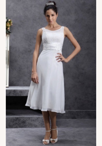 Biele midi svadobné šaty bez rukávov 075