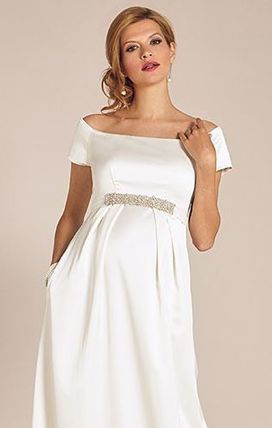 Tiffany Rose smotanové dlhé svadobné saténové tehotenské šaty s krátkym rukávom 227TR