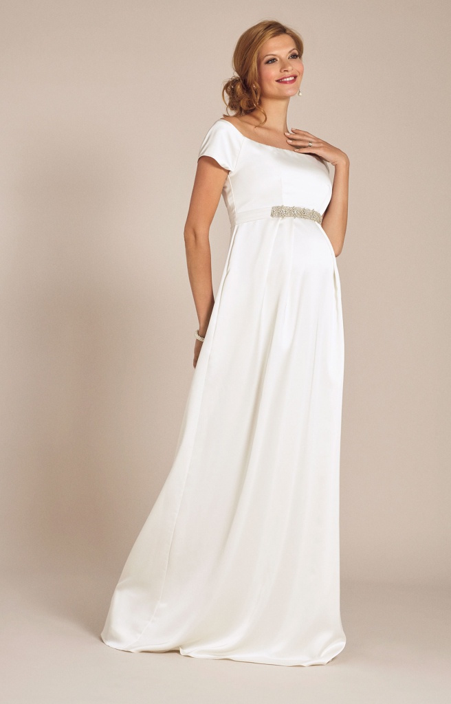 Tiffany Rose smotanové dlhé svadobné saténové tehotenské šaty s krátkym rukávom 227TR