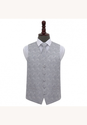 Strieborno-šedá paisley svadobná vesta s kravatou 064