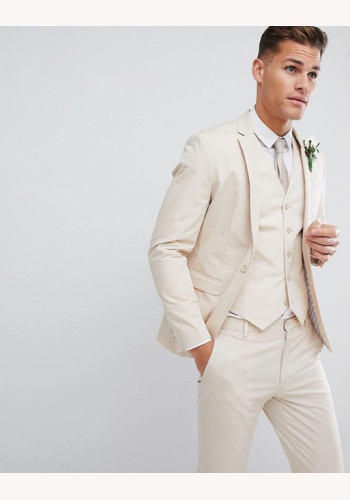  Smotanový pánsky svadobný bavlnený oblek slim fit 033A