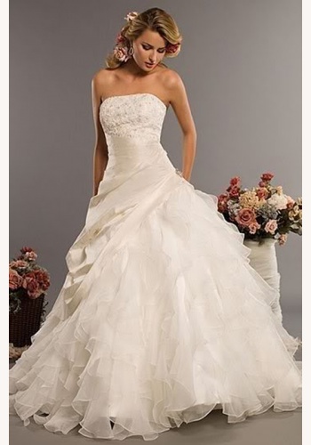 Smotanové dlhé svadobné korzetové šaty s volánovou sukňou 093
