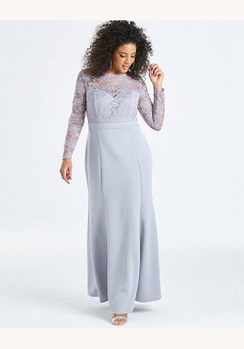 Plus šedo-levandulové dlhé šaty s čipkovaným topom s dlhým rukávom 426C