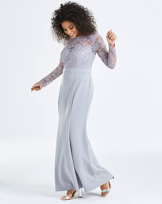 Plus šedo-levandulové dlhé šaty s čipkovaným topom s dlhým rukávom 426C