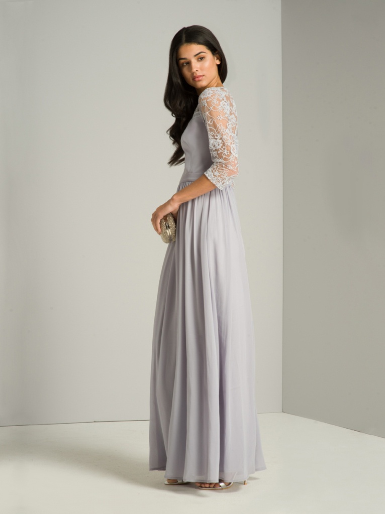 Šedo-levandulové dlhé šaty s čipkovaným 3/4 rukávom 427C