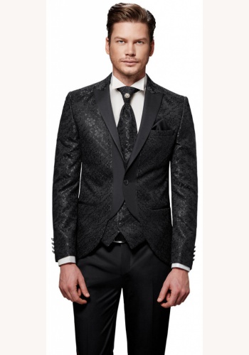 Čierny pánsky svadobný 8-dielny oblek tuxedo slim fit 038Pb