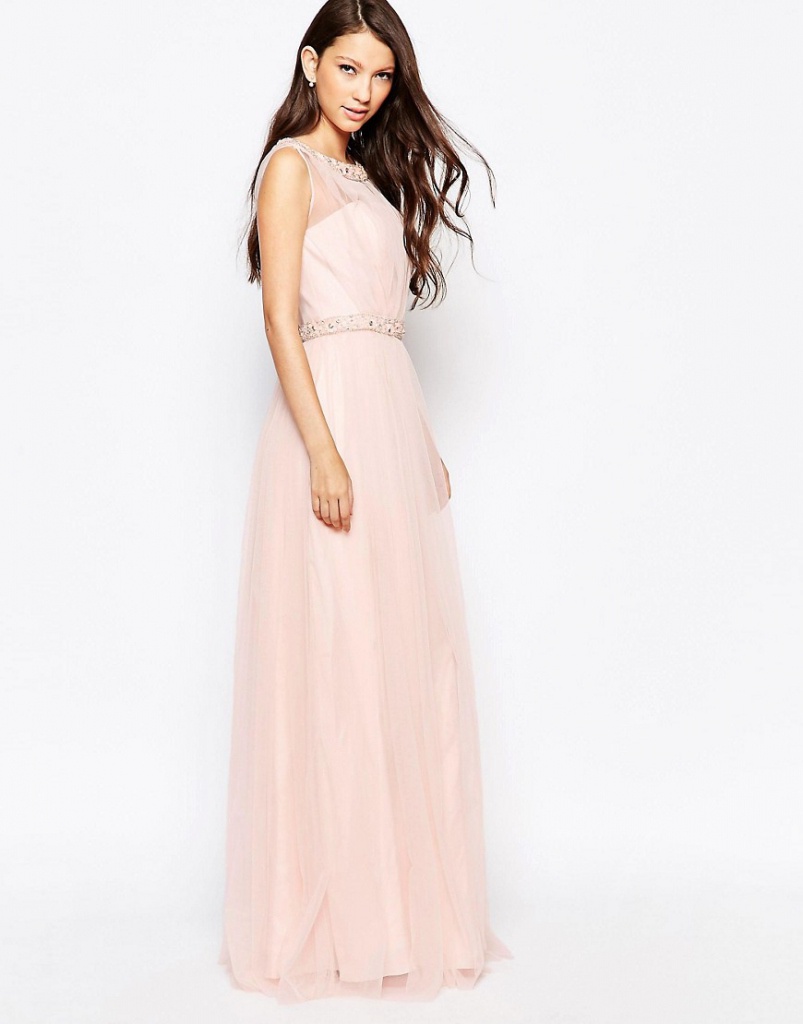 Ružové dlhé šaty s flitrami s tylovou sukňou bez rukávov 439AR