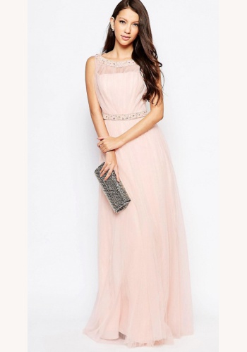 Ružové dlhé šaty s flitrami s tylovou sukňou bez rukávov 439AR
