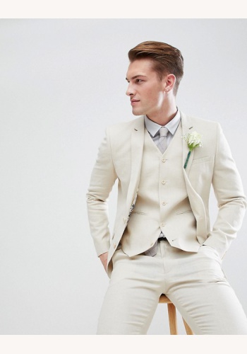 Krémový pánsky svadobný 3-dielny ľanový oblek super skinny 041A