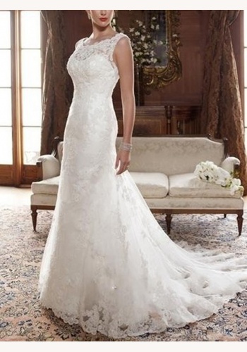 Biele dlhé svadobné čipkované šaty bez rukávov morská panna 121