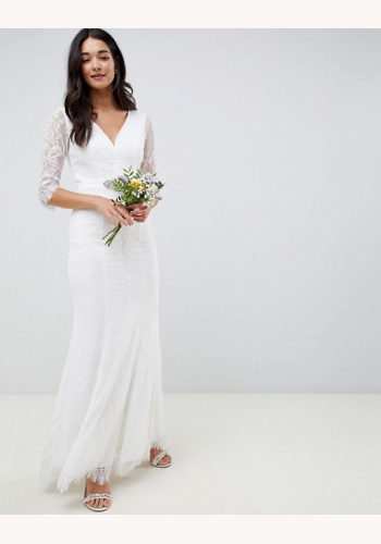 Biele dlhé svadobné čipkované šaty s kamienkovým opaskom 232L