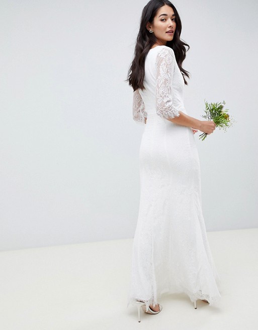 Biele dlhé svadobné čipkované šaty s kamienkovým opaskom 232L